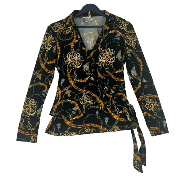 Cache Top Womens Medium Equestrian Bridle Chain Print Layered Faux Wrap Stretchy - Picture 1 of 6